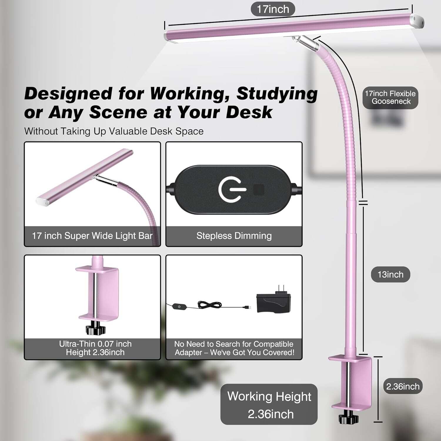 LED Desk Lamp for Office Home, Eye-Caring Desk Light with Stepless Dimming Adjustable Flexible Gooseneck, 10W USB Adapter Desk Lamp with Clamp for Reading, Study, Workbench (Black)