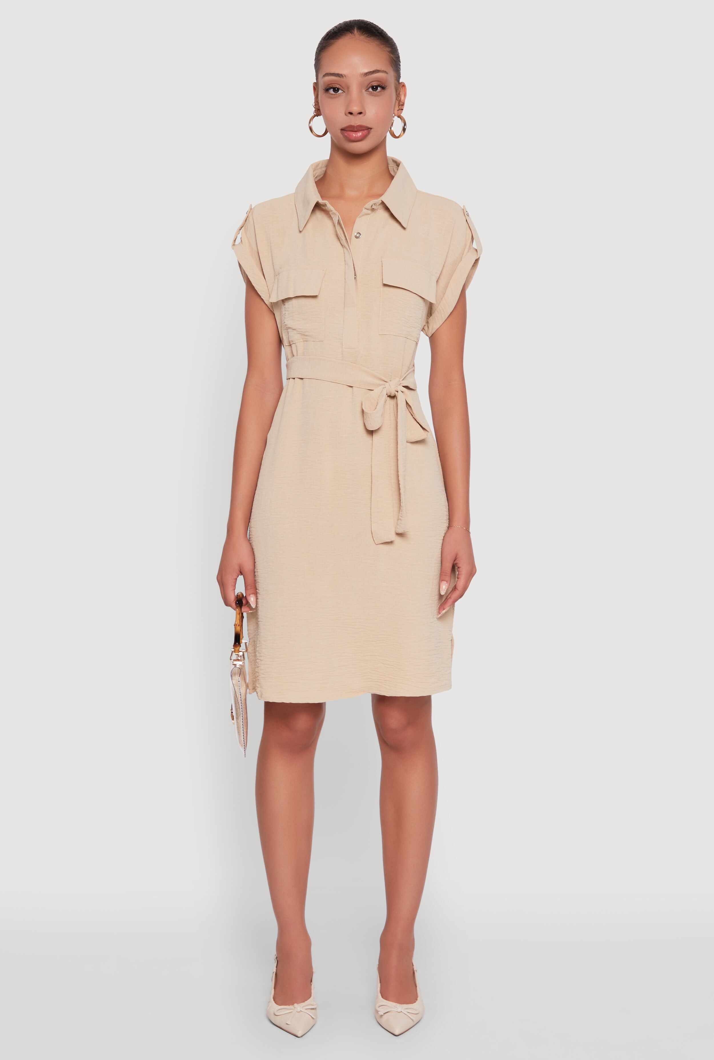 Airy Tabbed Sleeve Shirt Dress with Tie Waist Belt