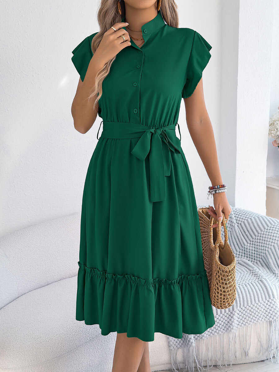🔥Summer Arrivals🌟Women's Casual Stand-up Collar Ruffled Tie Waist Shirt Dress