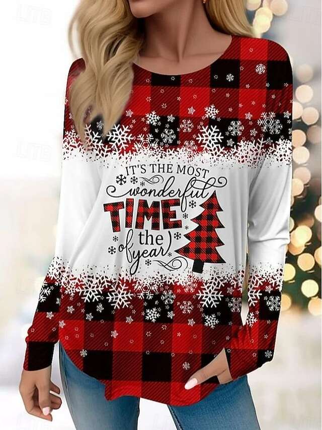 Women's Christmas Sweatshirt Long Sleeve Ombre Holiday Tree Snowflake Print Casual Red White Winter Cozy Festive Pullover Top