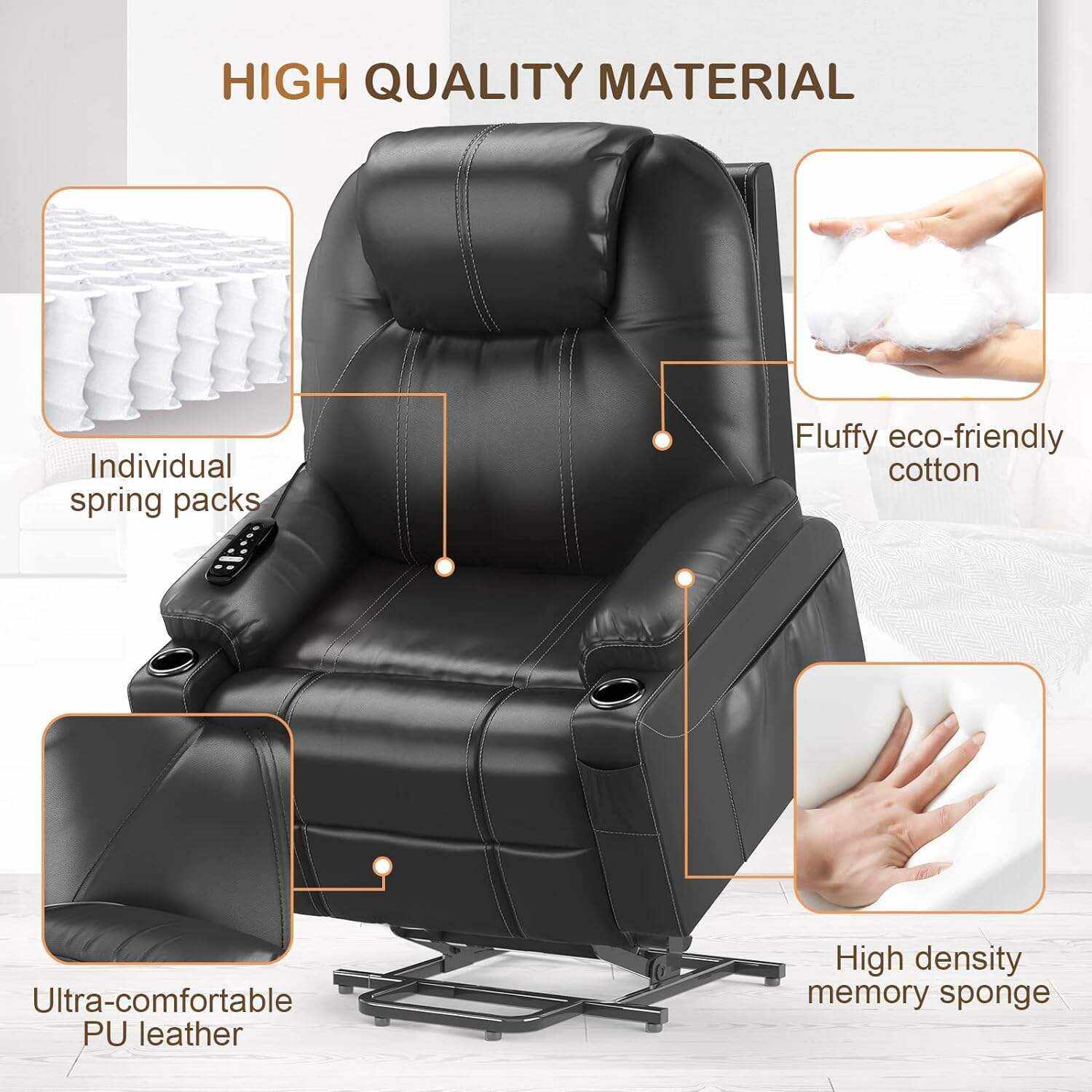 YONISEE Lar2ge Lift Chairs Recliner for Elderly - Power Fabric Lift Chair Modern with Massage and Heat, Extended Footrest, 3 Positions, 2 Side Pockets, and Cup Holders, USB Ports, Coffee Color