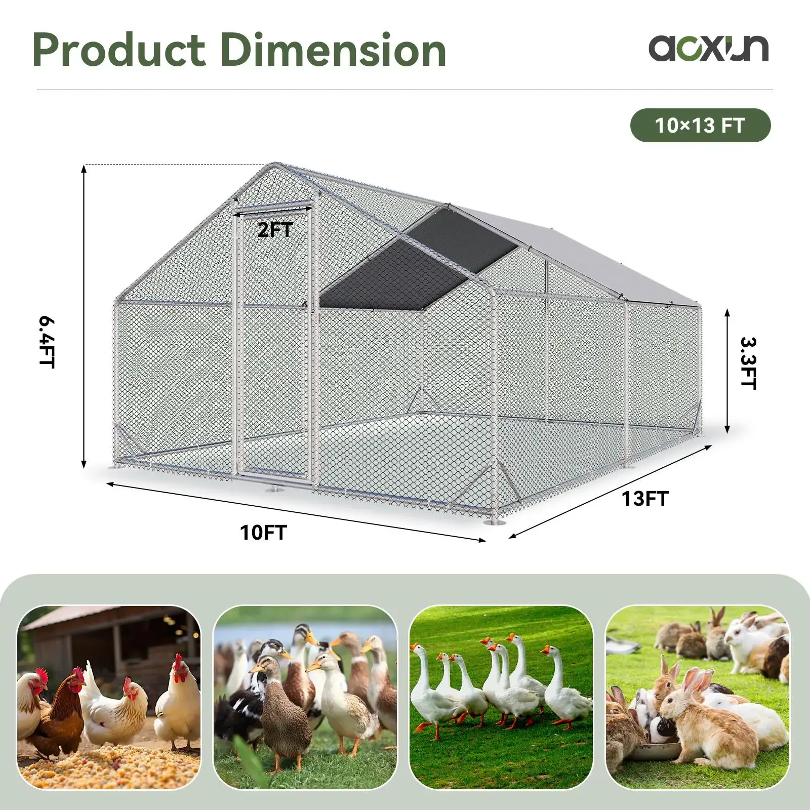 Chicken Coop Metal Large Cover Wire，spire Peak Roof Security Lock Waterproof Outdoor Poultry Enclosure for Yard & Farm Metal Poultry Coop Chicken Cage Enclosed Enclosed Poultry Hutch
