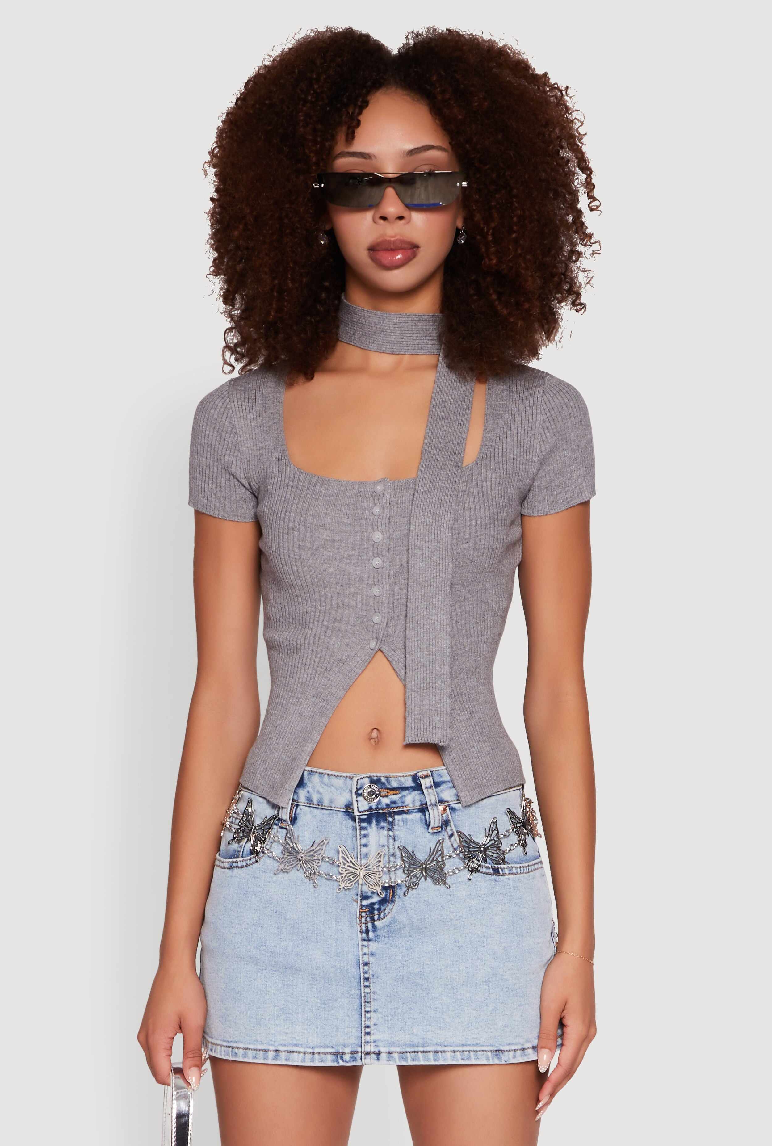 Ribbed Knit Button Front Crop Sweater with Neck Tie
