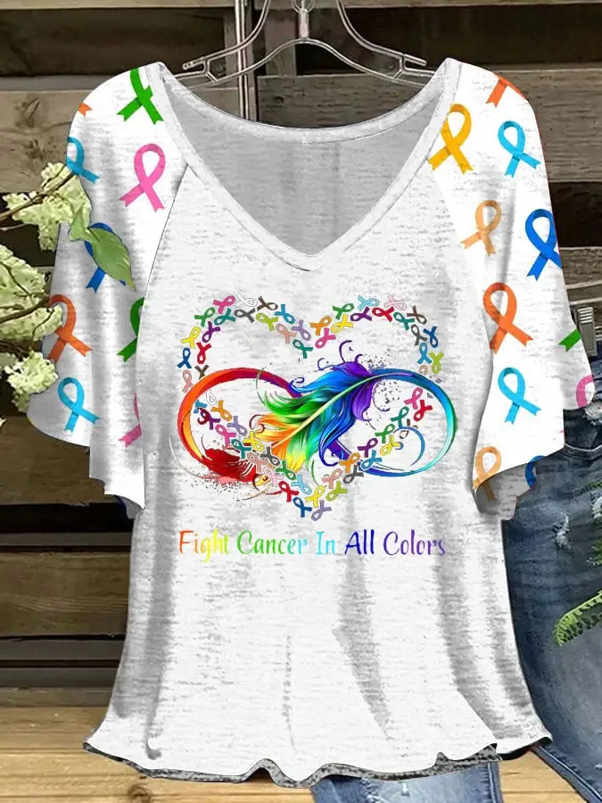 Women's Fight Cancer In All Colors Ruffle Sleeve T-Shirt
