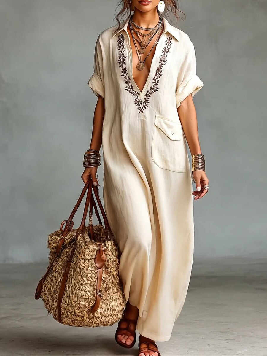 🔥Summer Arrivals🌟Loose-fitting V-neck Linen And Cotton Dress