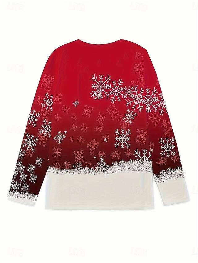Women's Christmas Sweatshirt Reindeer Snowflake Print Long Sleeve Crew Neck Holiday Red White Casual Festive Winter Clothing Apparel
