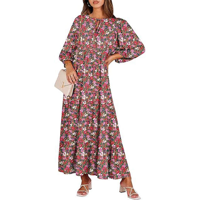 🔥2025 CRAZY DEAL🔥Summer V Neck Puff Sleeve Floral Flowy Swing Casual Long Dress