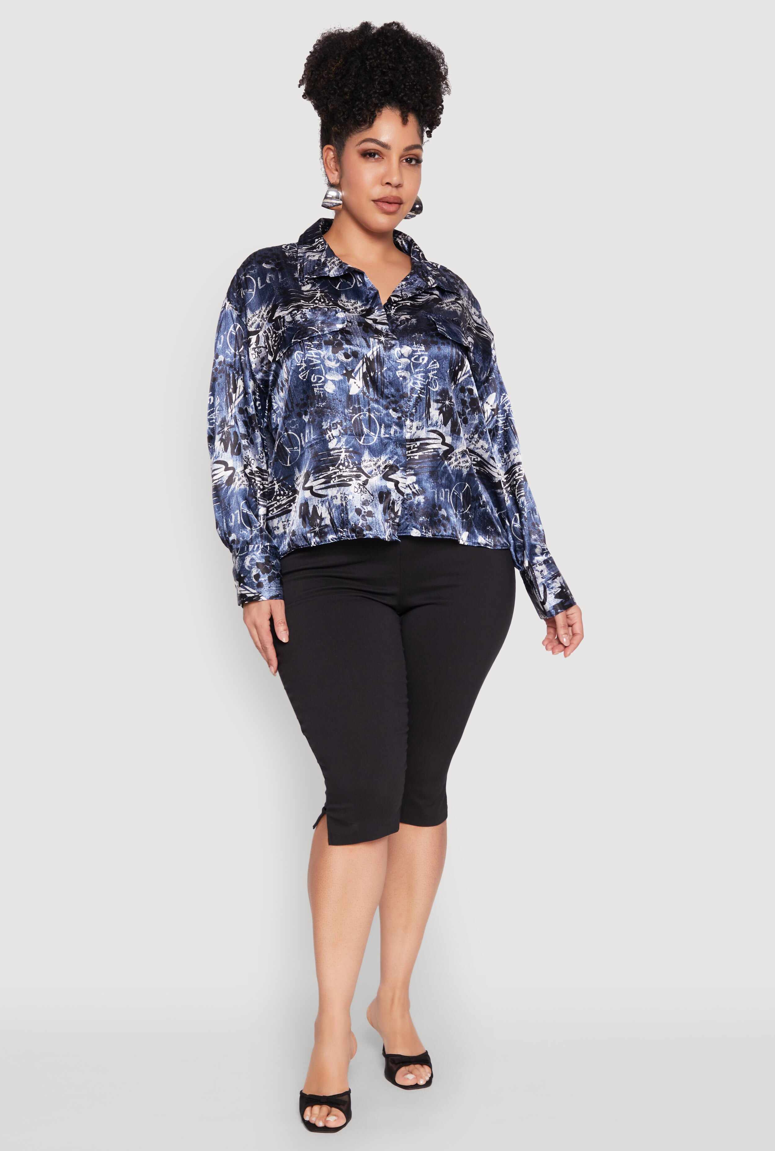 Plus Size Satin Graffiti Printed Pattern Shirt