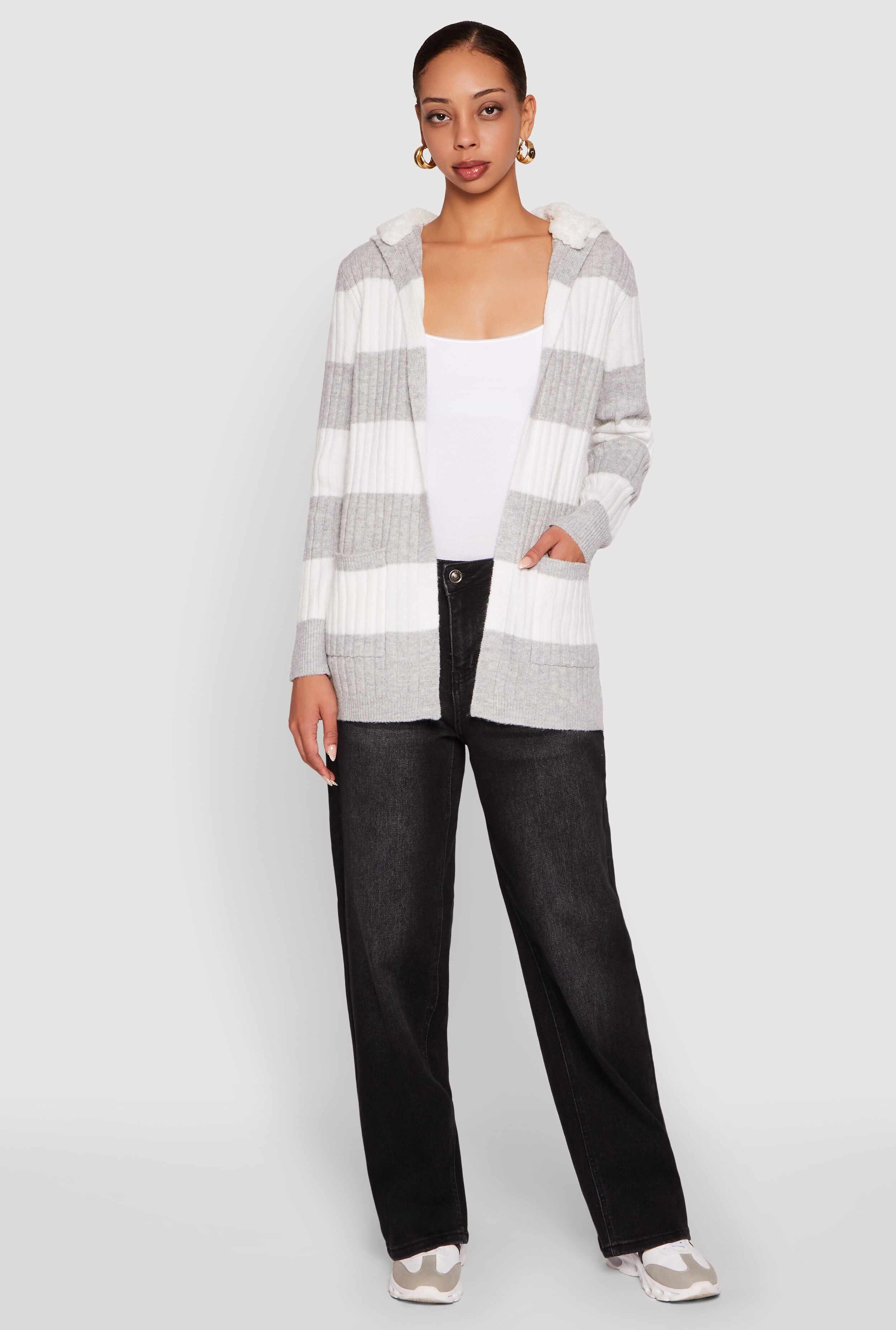 Madden Girl Striped Sherpa Lined Hooded Cardigan