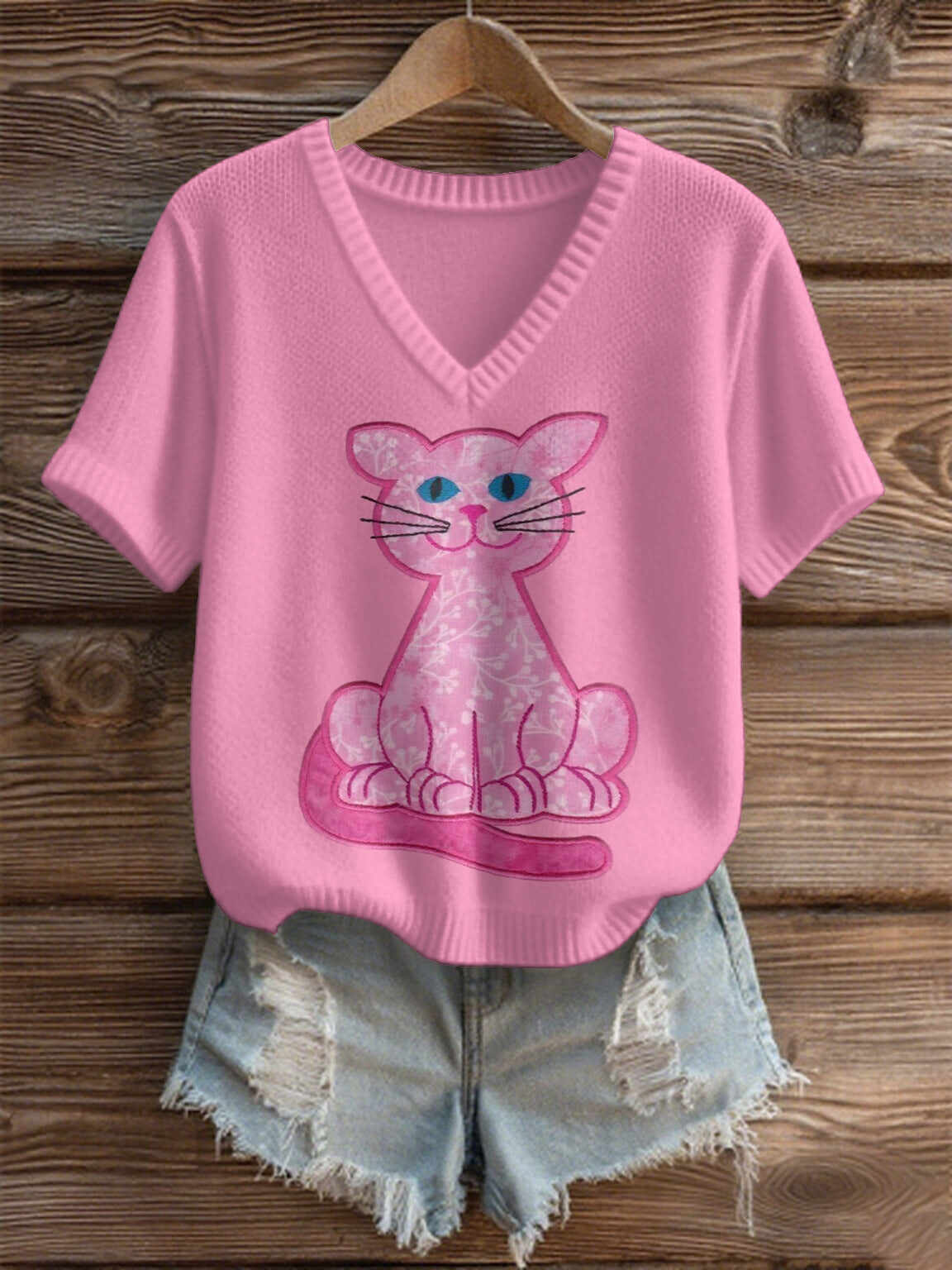 Imitation Sweaters Women's Clothing Short Sleeve V-neck Loose Top
