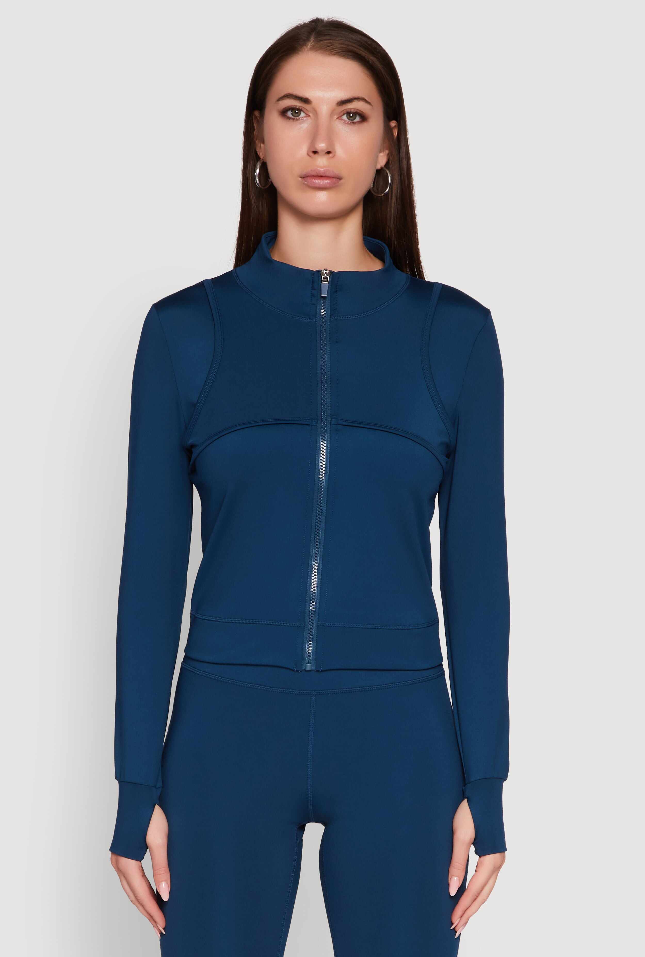 Mock Neck Long Sleeve Activewear Jacket with Thumb Holes