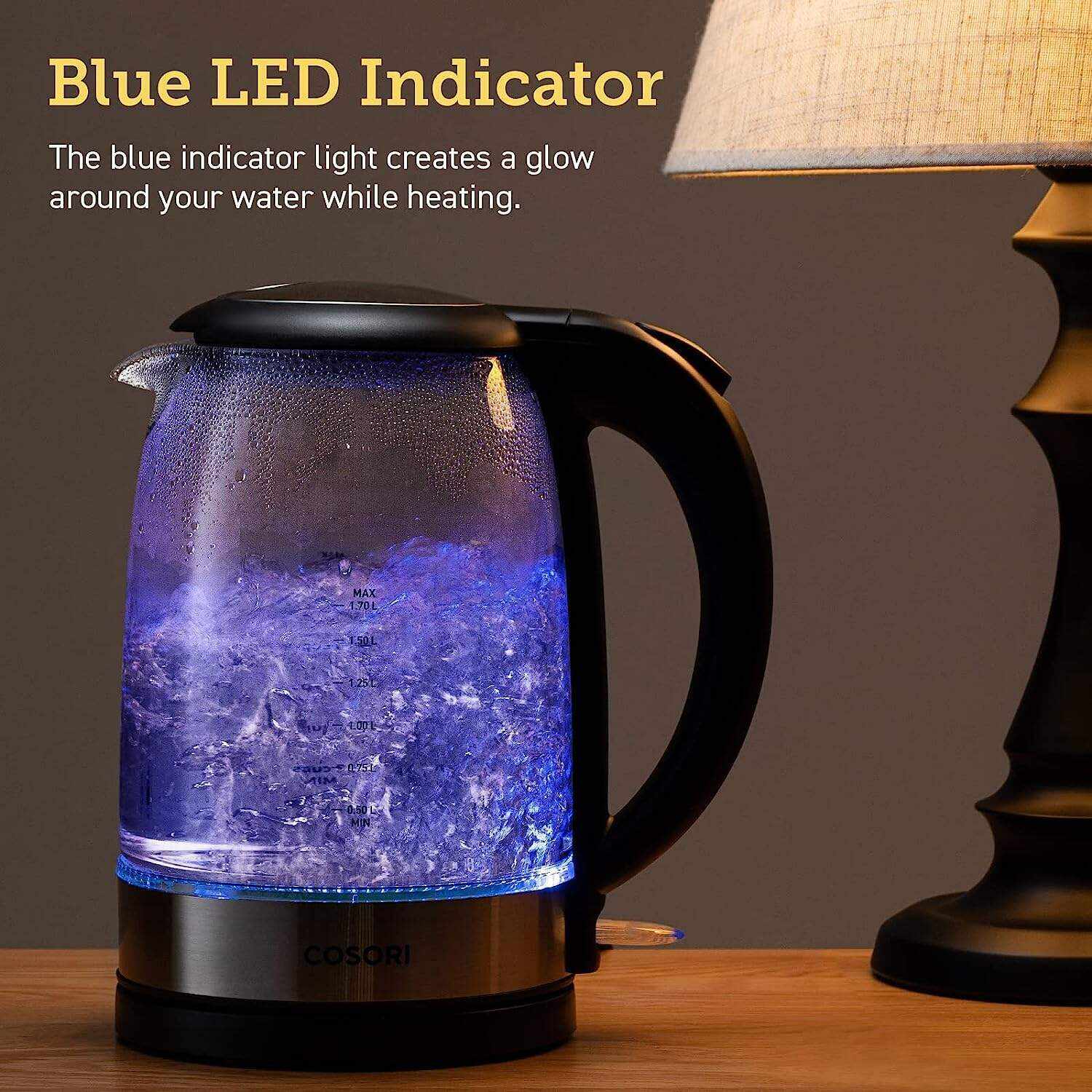 Electric Kettle with Stainless Steel Filter and Inner Lid, 1500W Wide Opening 1.7L Glass Tea Kettle & Hot Water Boiler, LED Indicator Auto Shut-Off & Boil-Dry Protection, BPA Free, Matte Black