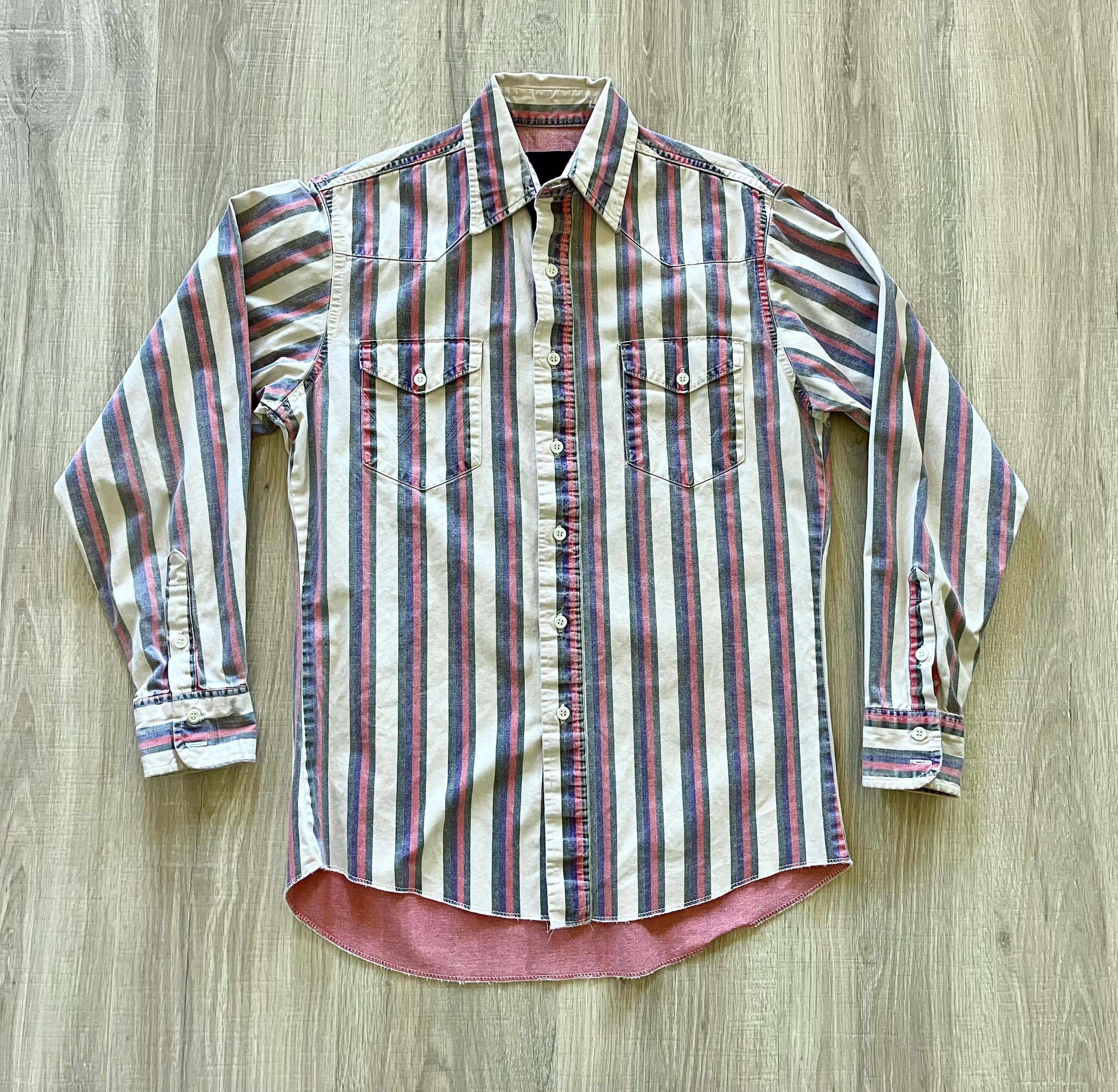 Men's Fashion Western Dark Blue Khaki Striped Long Sleeve Shirt