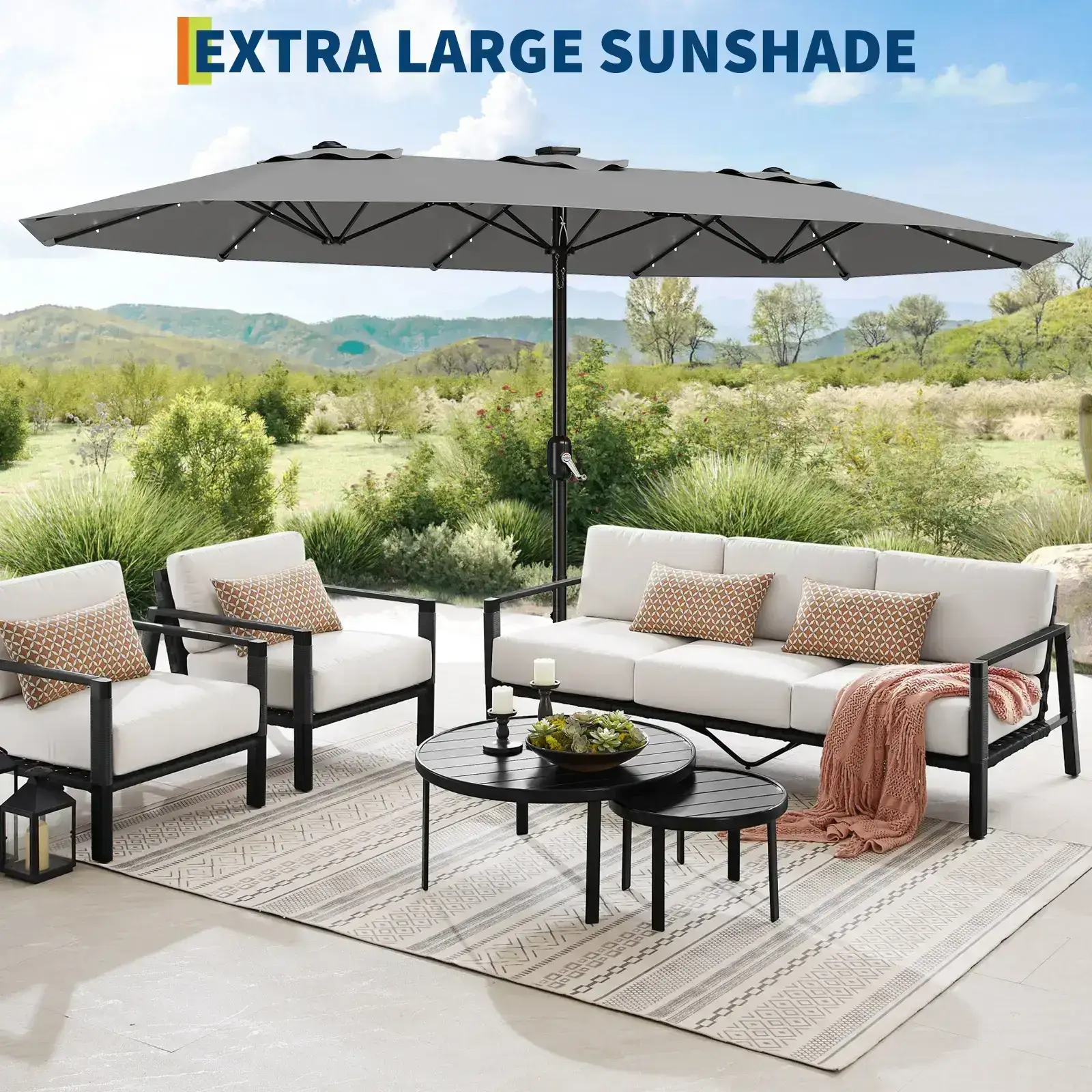 15ft Large Outdoor Patio Umbrella with Base – LED Light Option, Double-Sided, Crank Handle, Waterproof, Comes with Weighted Base and Sandbag, Accommodates 10 People