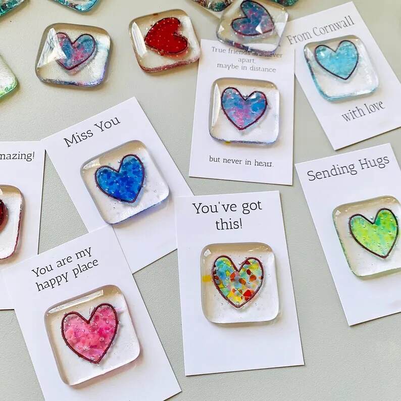 Fused glass heart pocket hug token