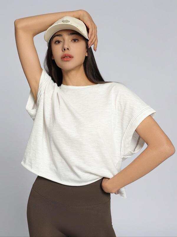 Women's Plain Cut Out Asymmetrical Hem Batwing Sleeve Tee, Elegant Casual Short Sleeve Round Neck T-Shirt for Summer, Ladies Clothes for Daily Wear