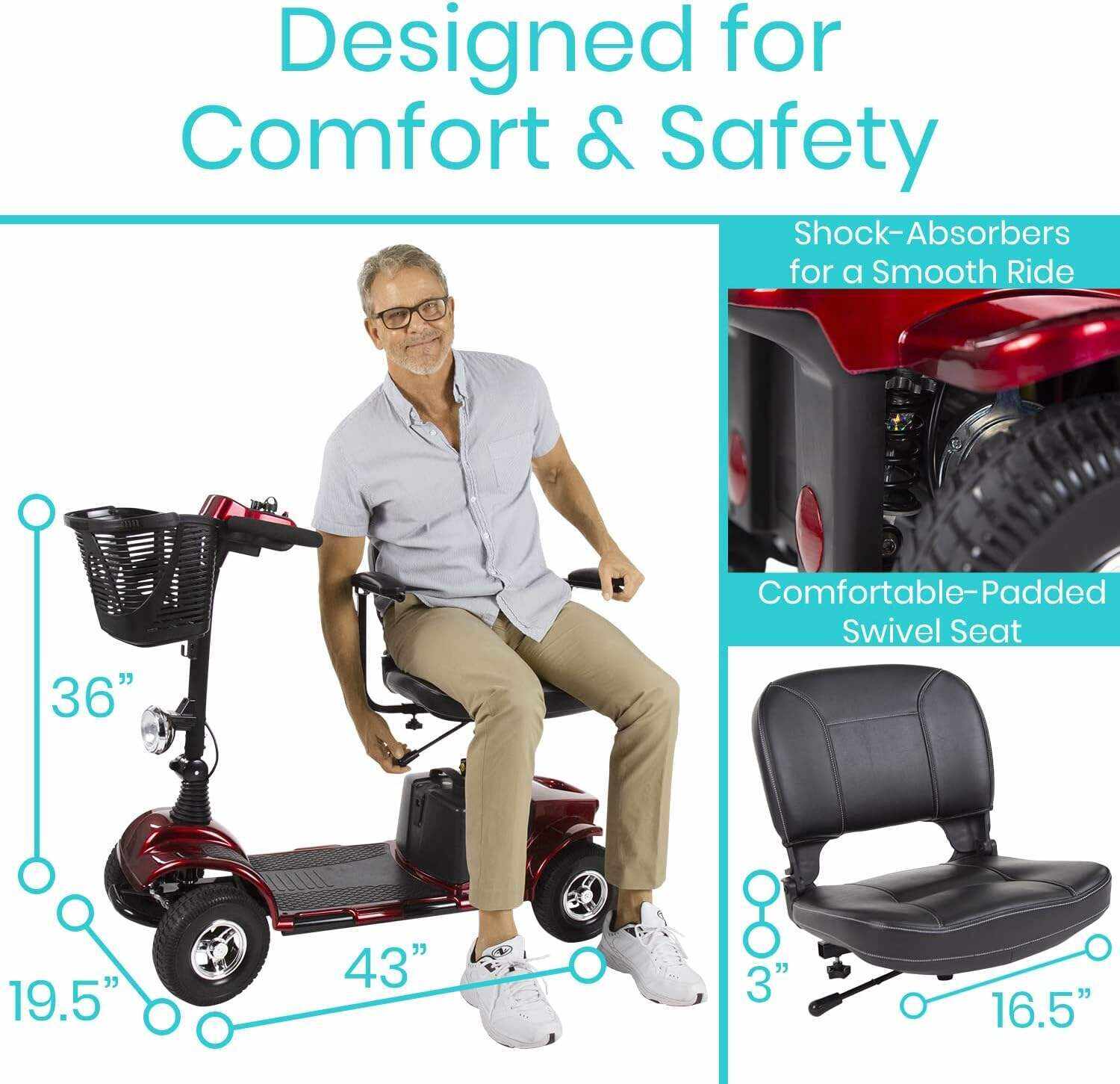 Vive Mobility Scooter (Series A) - 4 Wheel Electric Powered Wheelchair Mobile Device for Adults, Seniors - TSA Approved Wheel Chair, Compact, Travel - Long Range Battery, Shock Absorbing (Ruby Red)