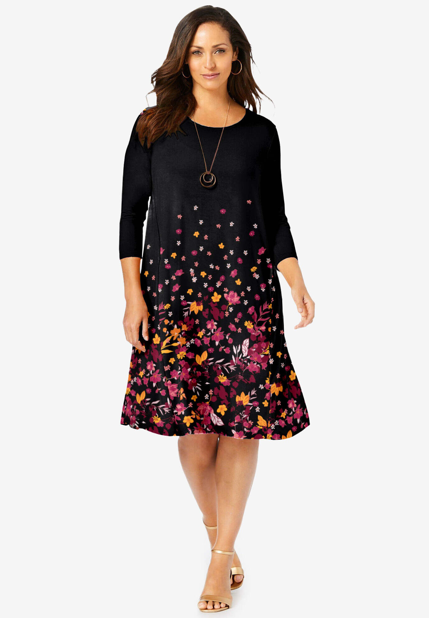 Stretch Knit Three-Quarter Sleeve T-shirt Dress