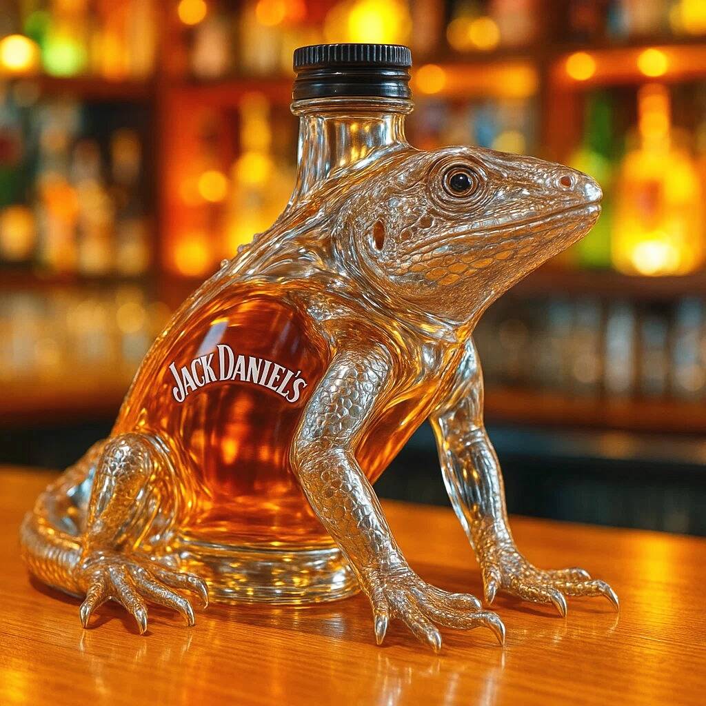 Lizard crawls pet whiskey bottle