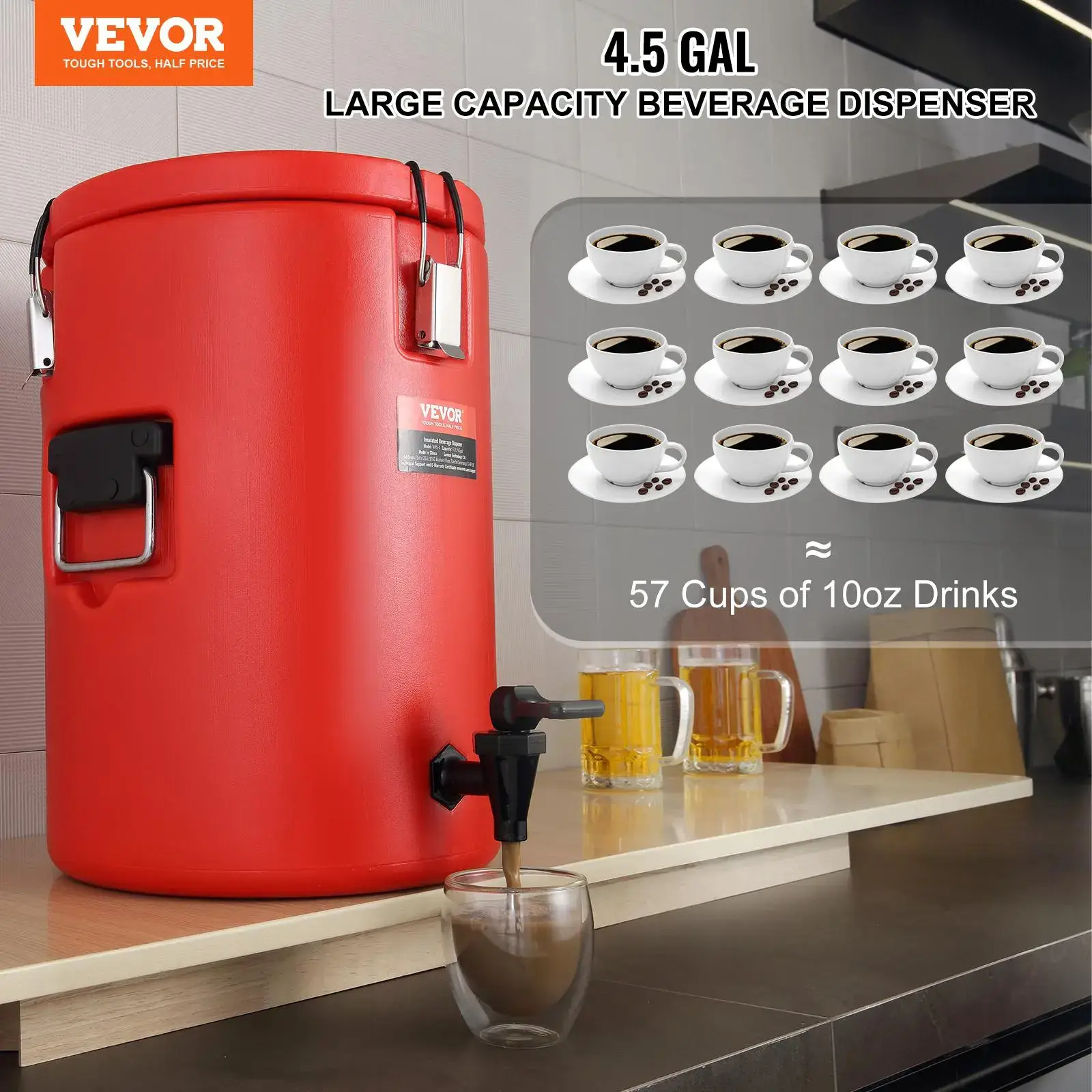 Stainless Steel Insulated Beverage Dispenser,  4.5 Gallon 17.2 Liter, Thermal Hot and Cold Drink Server Dispenser with Spigot Handle, Food-grade for Hot Tea Coffee Water Restaurant Drink Shop