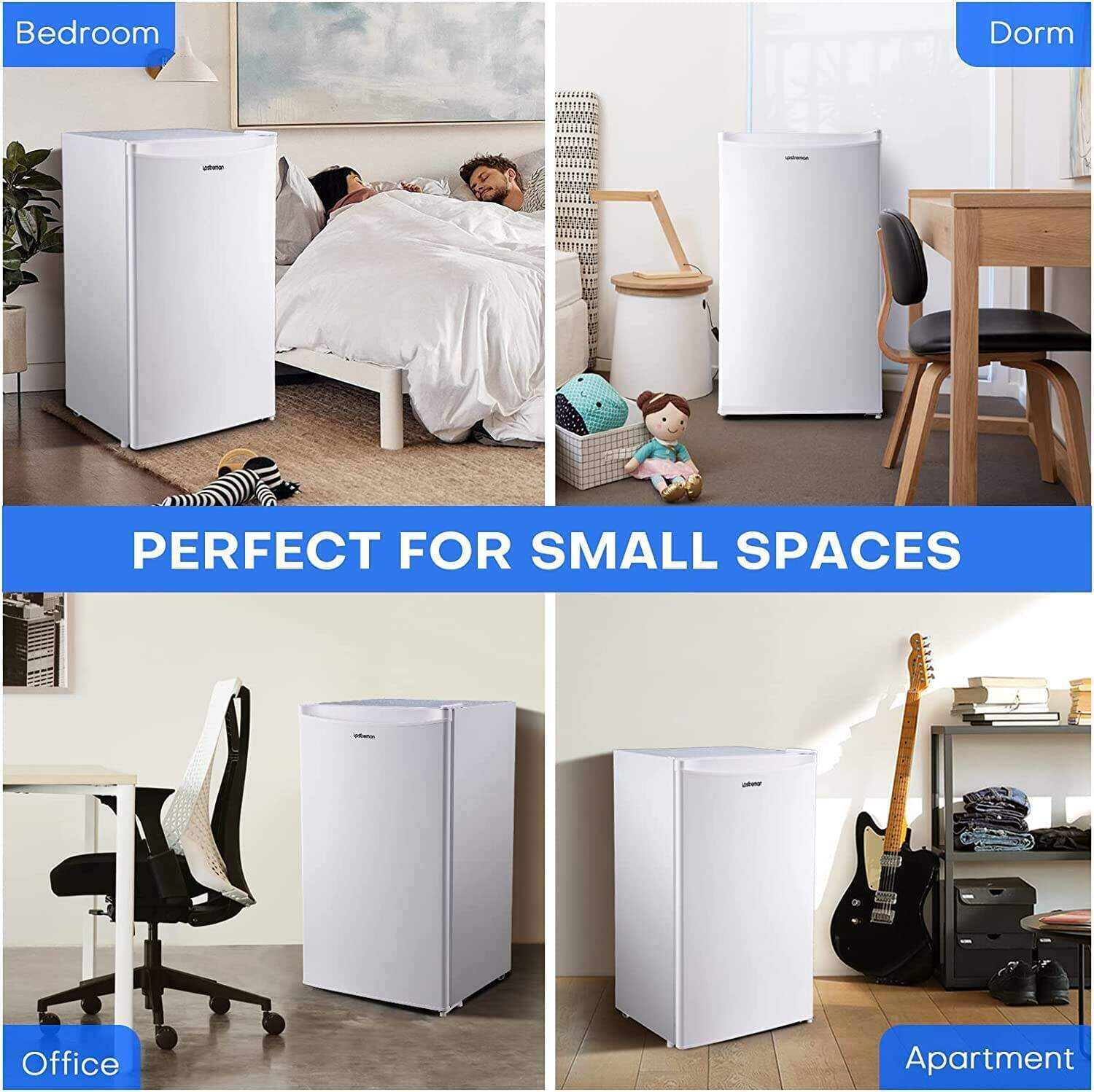 Upstreman 3.2 Cu.Ft Mini Fridge with Freezer, Single Door, Adjustable Thermostat, Refrigerator for Dorm, Office, Bedroom, Black-BR321