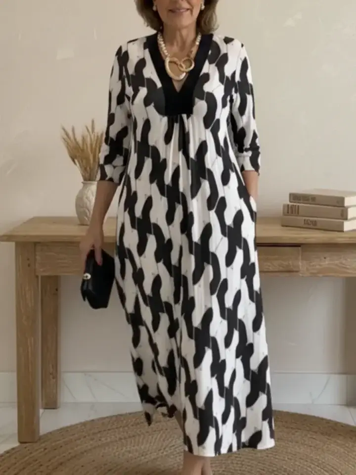 🔥Summer Arrivals🌟Elegant Art Print Color Block Trim V-neck Midi Dress