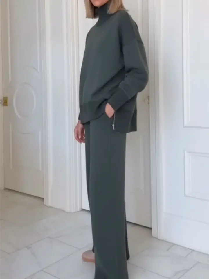 🔥Summer Arrivals🌟Casual Travel Stand Collar Side Zipper Top Straight Pants Two-Piece Set