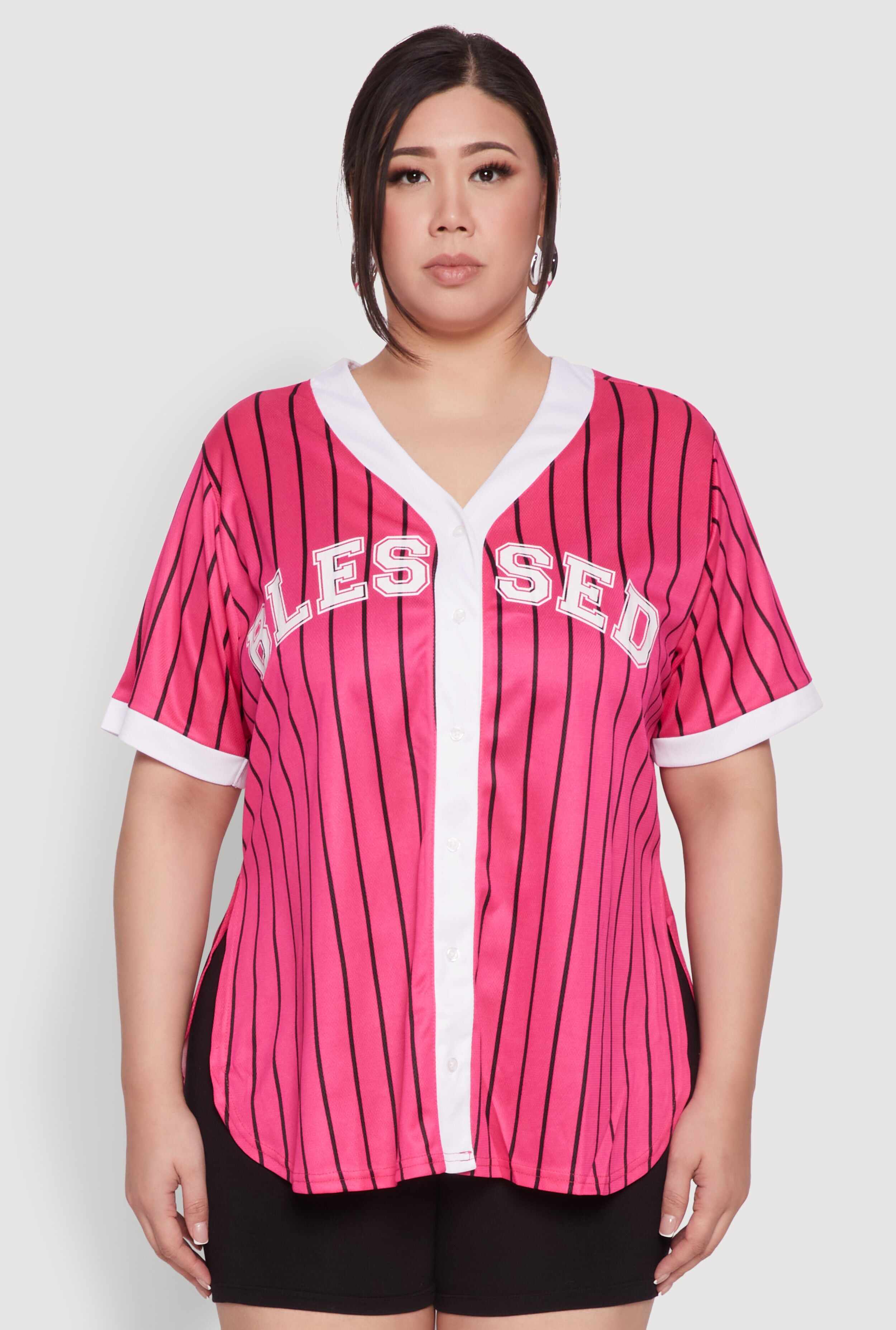 Plus Size Blessed Pinstripe Baseball Shirt