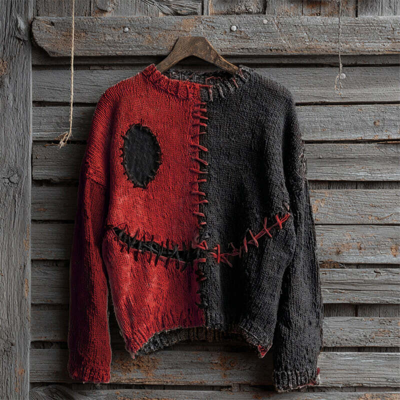 Halloween Spooky Face Contrast Stitched Cozy Knit Sweater