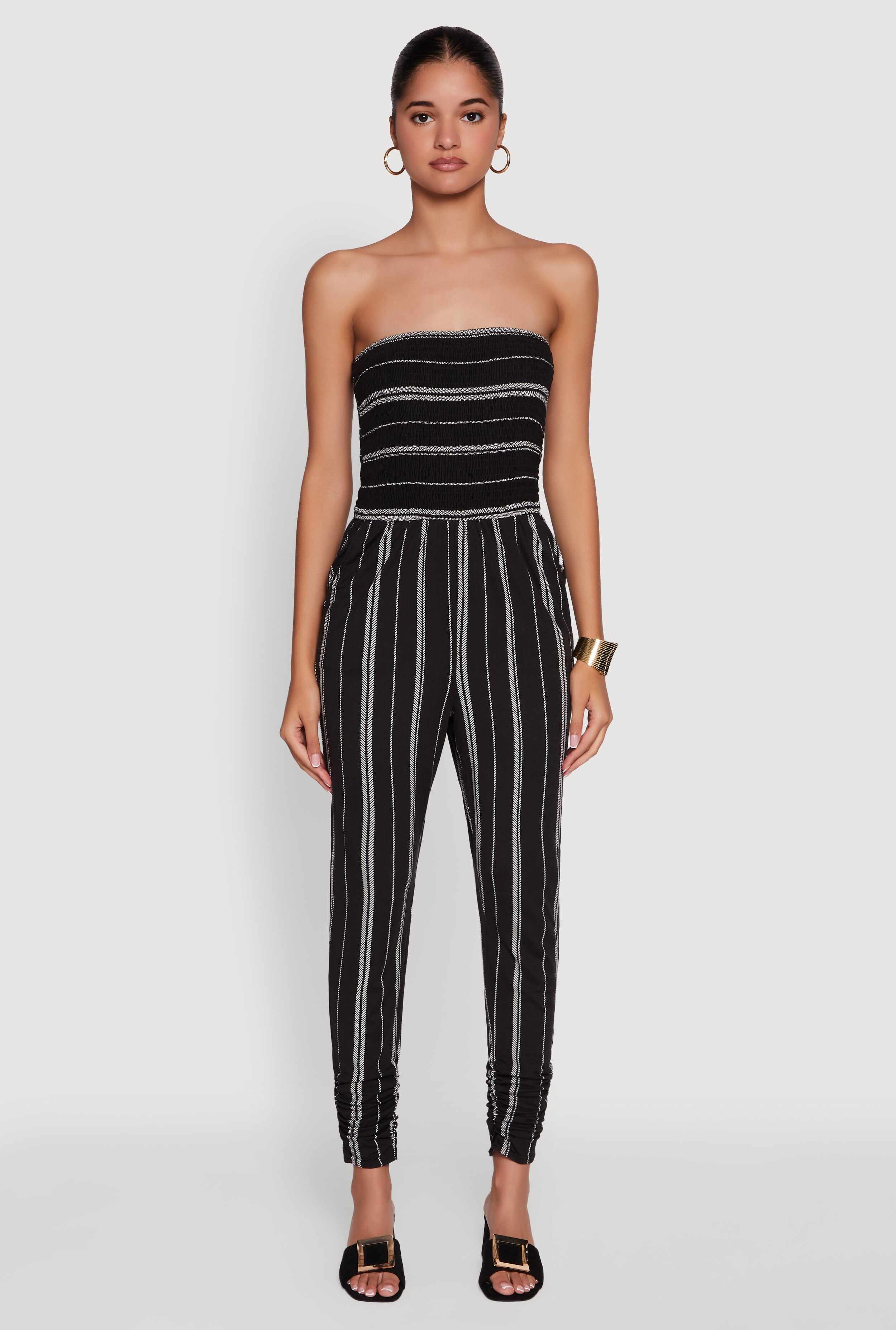 Smocked Strapless Stripe Jumpsuit with Pockets