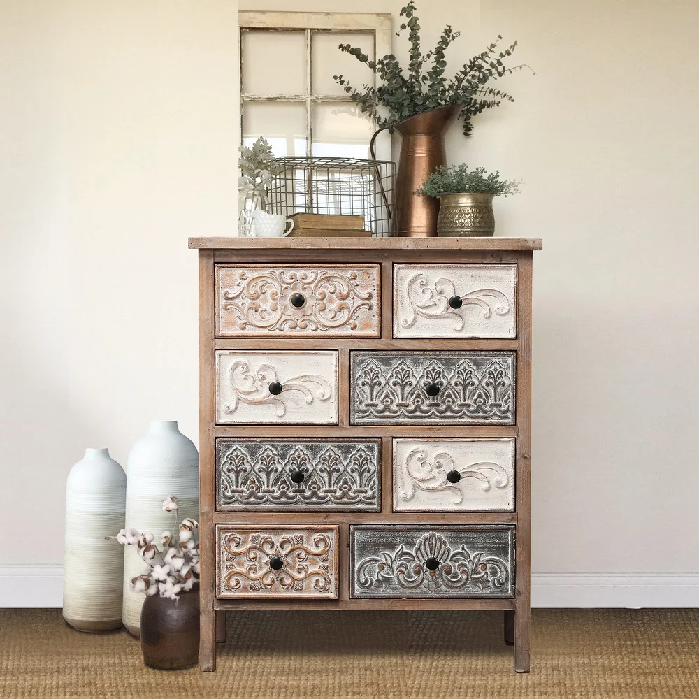 The Curated Nomad Brewa Varied Rustic Carved Wood 8-Drawer Chest - 32.09