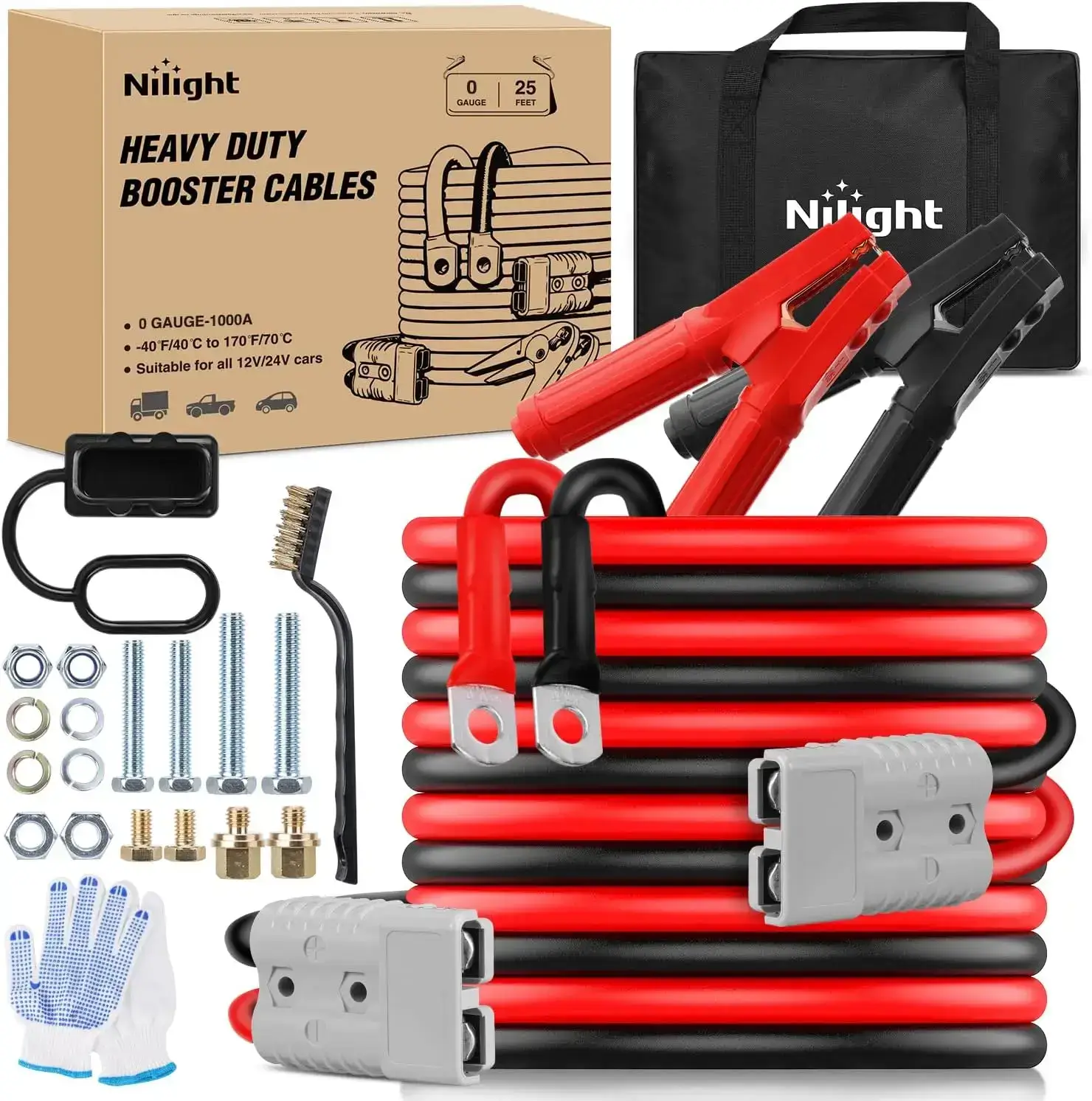 0 Gauge 25 Feet Heavy Duty Jumper Cables 1000 Amp Booster Battery Cables with Permanent Installation kit and Quick Connect Plug Includes carrying bag for 12V & 24V Cars SUVs and Trucks