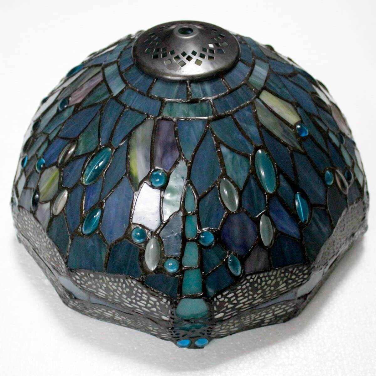 Brunswick Tiffany Table Lamp Sea Blue Stained Glass Dragonfly Style Teal Shade Resin Base 22