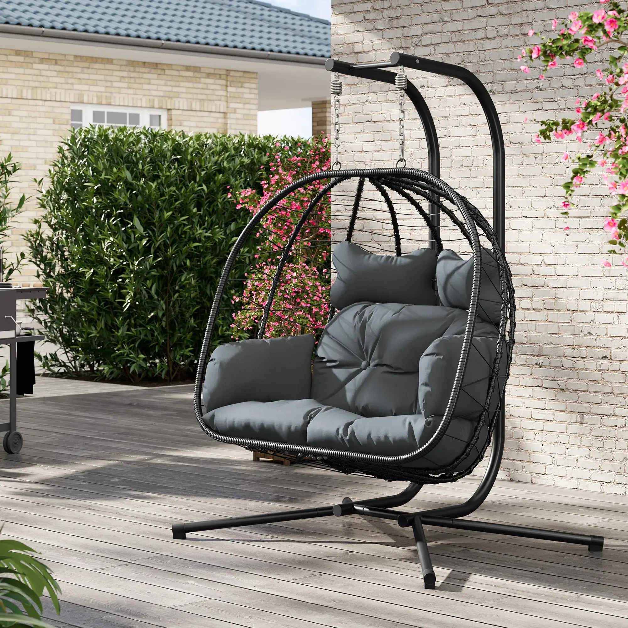 [dealsforyoudays] Double Egg Chair with Stand for Patio, Outdoor Indoor Hanging Swing Chair with Cushions, Wicker Rattan, 700lbs Capacity, Waterproof Sunproof for Balcony Garden Porch, ChristmasGift