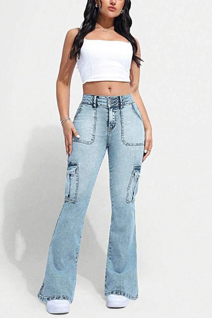 Multi Pocket Double Button Mid Rise Flare Cargo Jeans