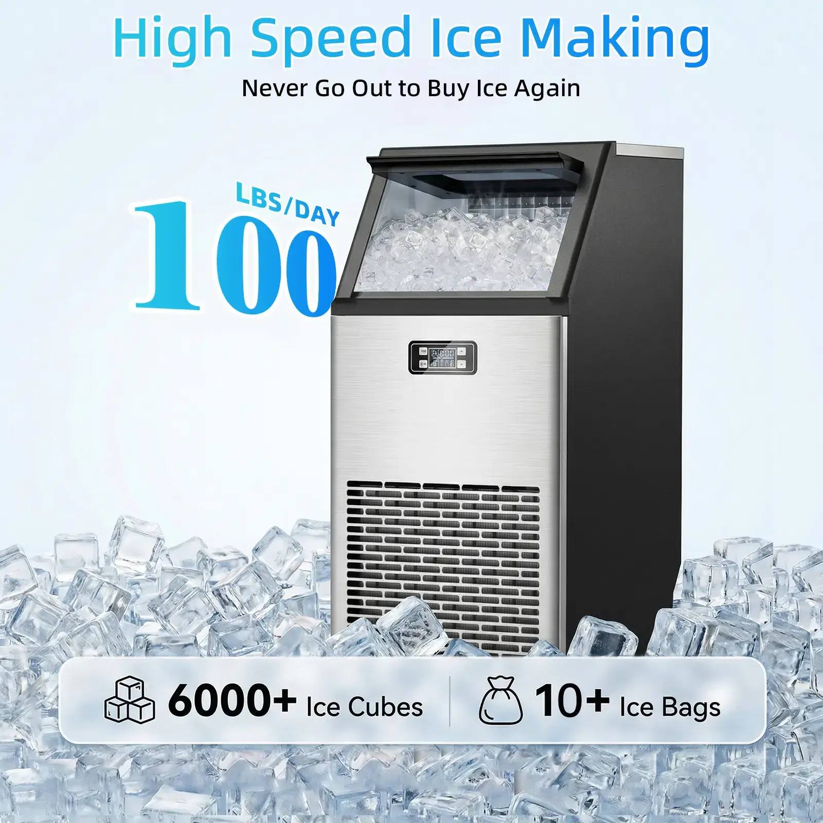 Commercial Ice Maker  V2.0, 100 lbs, 2-Way Add Water, Large Ice Maker Self Cleaning, Ice Machine with 24 Hour Timer,33 lbs Basket, Stainless Steel Ice Makers for School, Home, Bar, RV