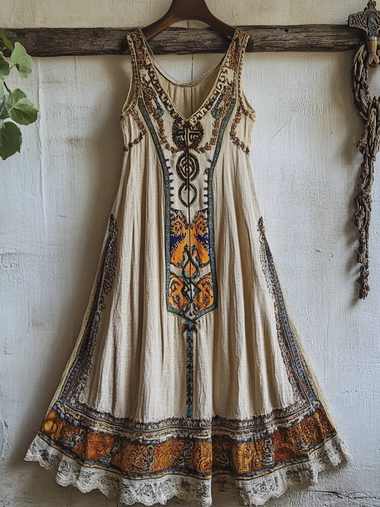 Vintage Bohemian Floral Linen Tank Dress