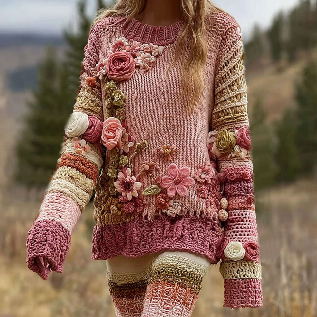 Women's Retro Color Block  Rose Floral Art Cozy Crew Neck Sweater