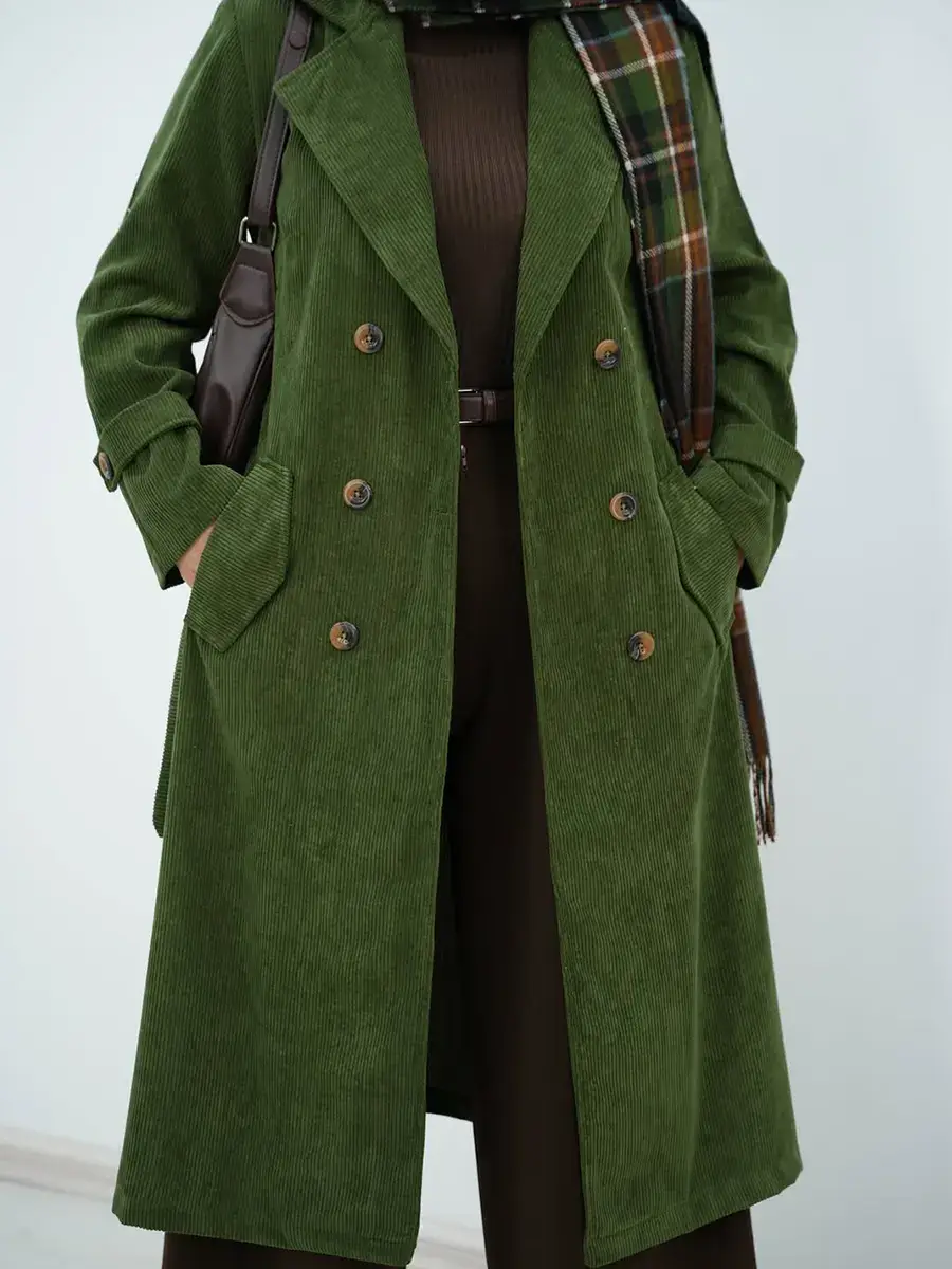 Women's Solid Color Lapel Long Sleeve Corduroy Trench Coat