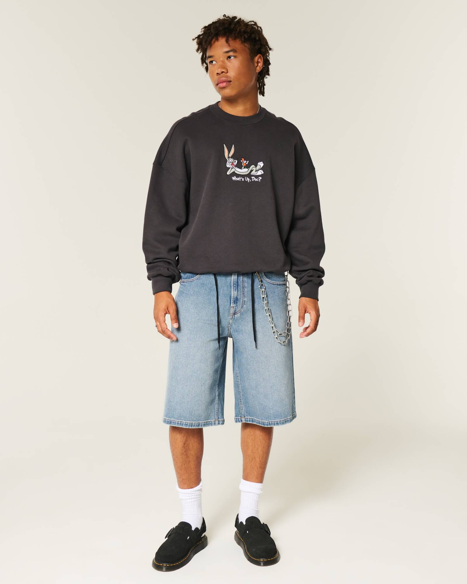 Washed Black Cat Graphic Super Baggy Denim Shorts