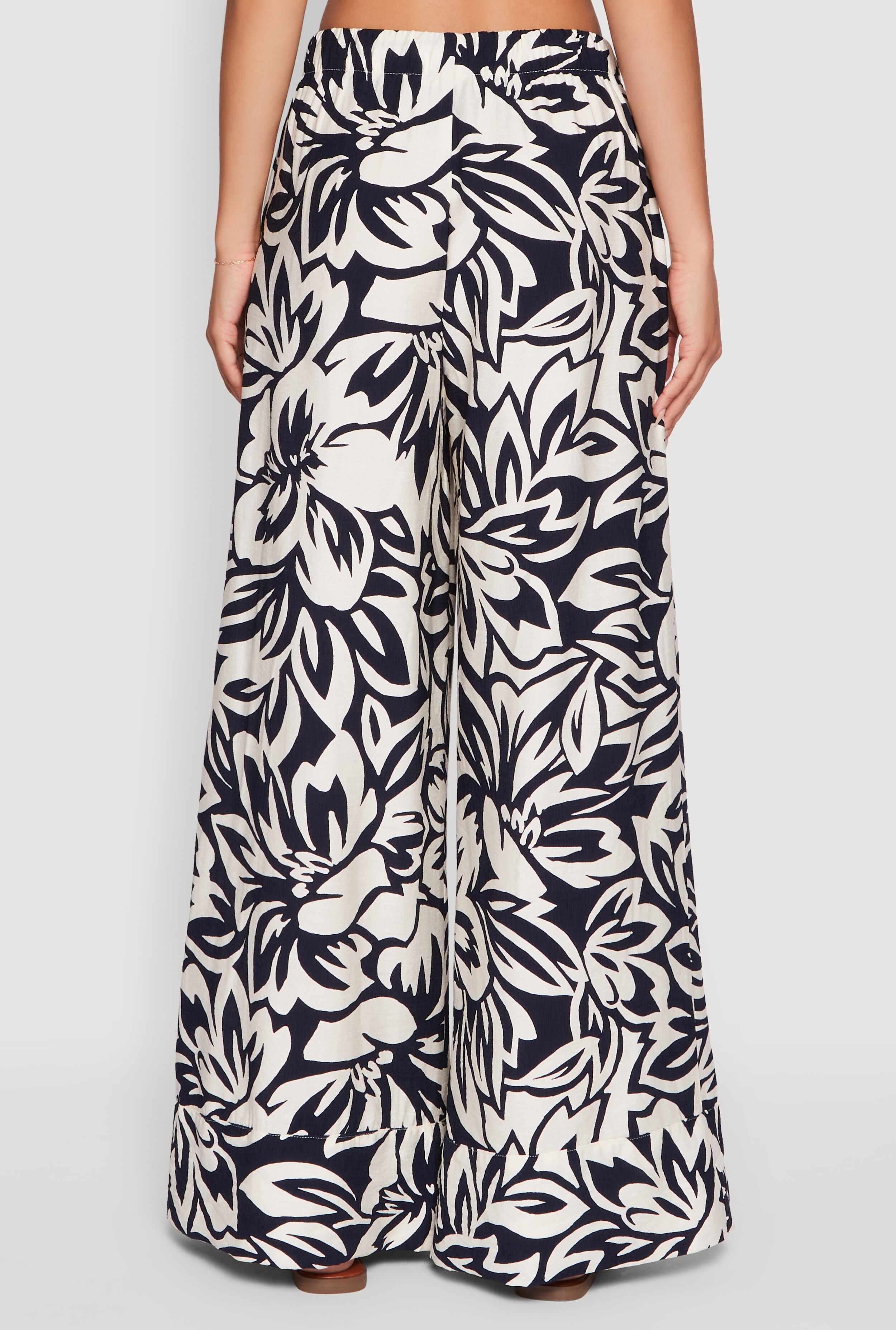 Crepe Knit Floral Print Drawstring Waist Palazzo Pants