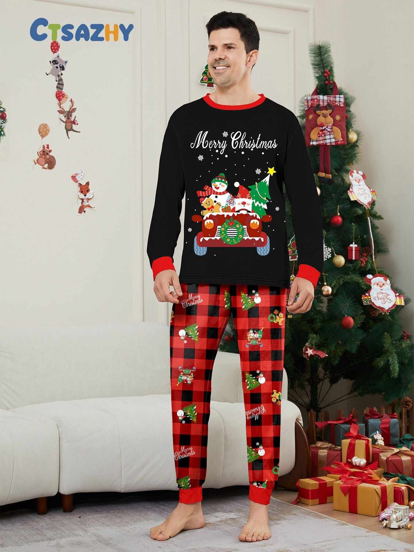 Car Snowman Printed Family Matching Christmas Pajamas Sets