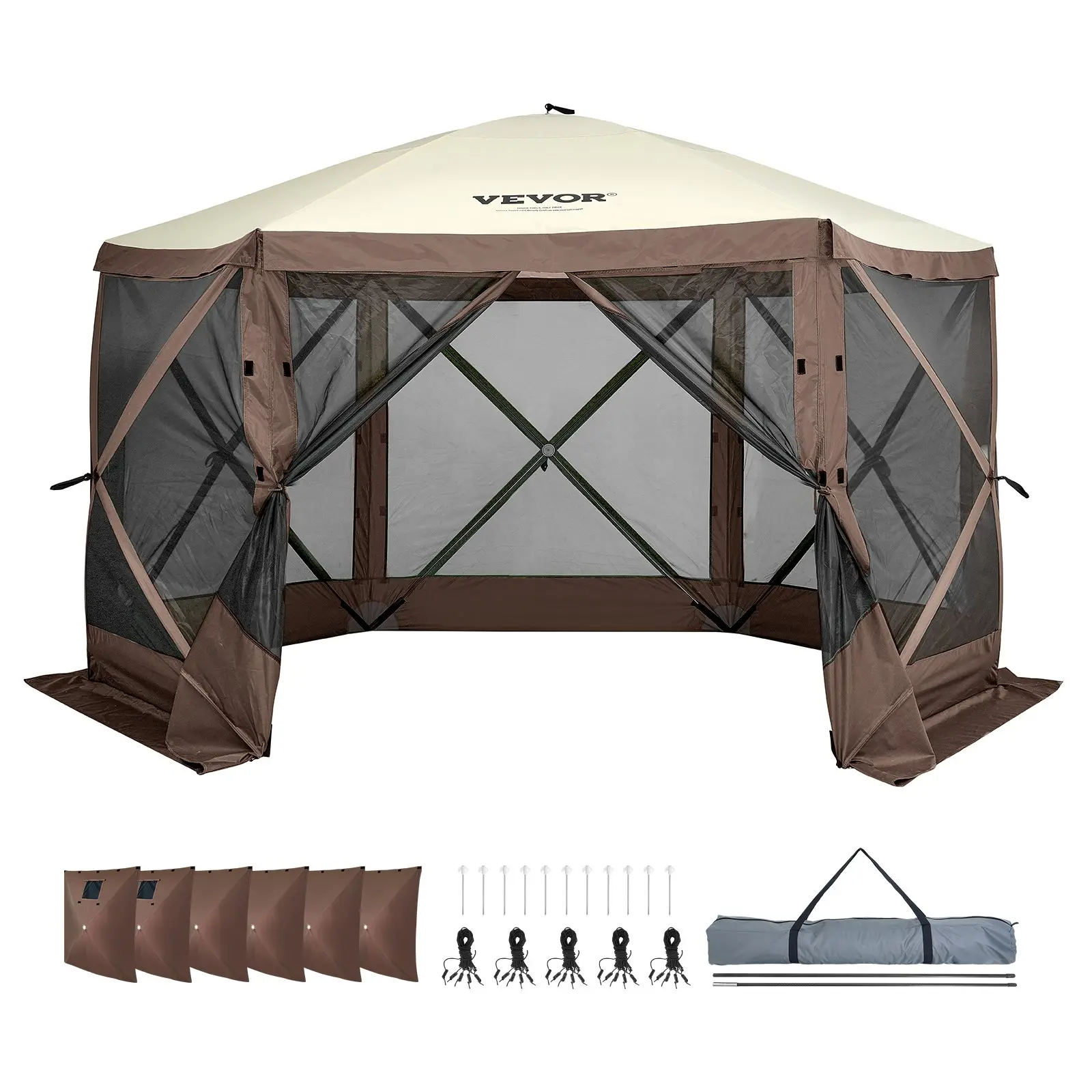 Camping Gazebo Screen Tent, 12*12ft, 6 Sided Pop-up Canopy Shelter Tent with Mesh Windows, Portable Carry Bag, Stakes, Large Shade Tents for Outdoor Camping, Lawn and Backyard, Brown/Beige