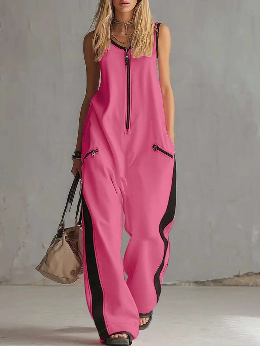 Women's Contrast Color Sleeveless Jumpsuit - Sporty Wide Leg with Zipper Detail (S-2XL)