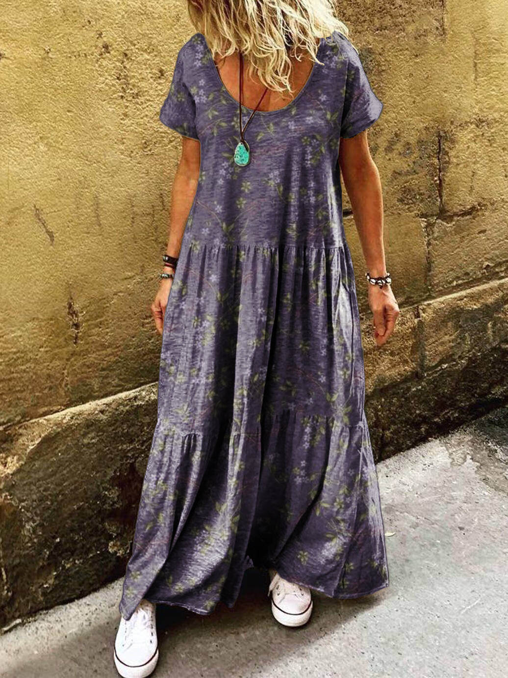 Women's  Vintage Floral Art Print Pocket Short Sleeve Cotton Dress