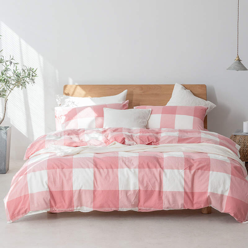 Washed Cotton Bed Sheet Set - Pink plaid