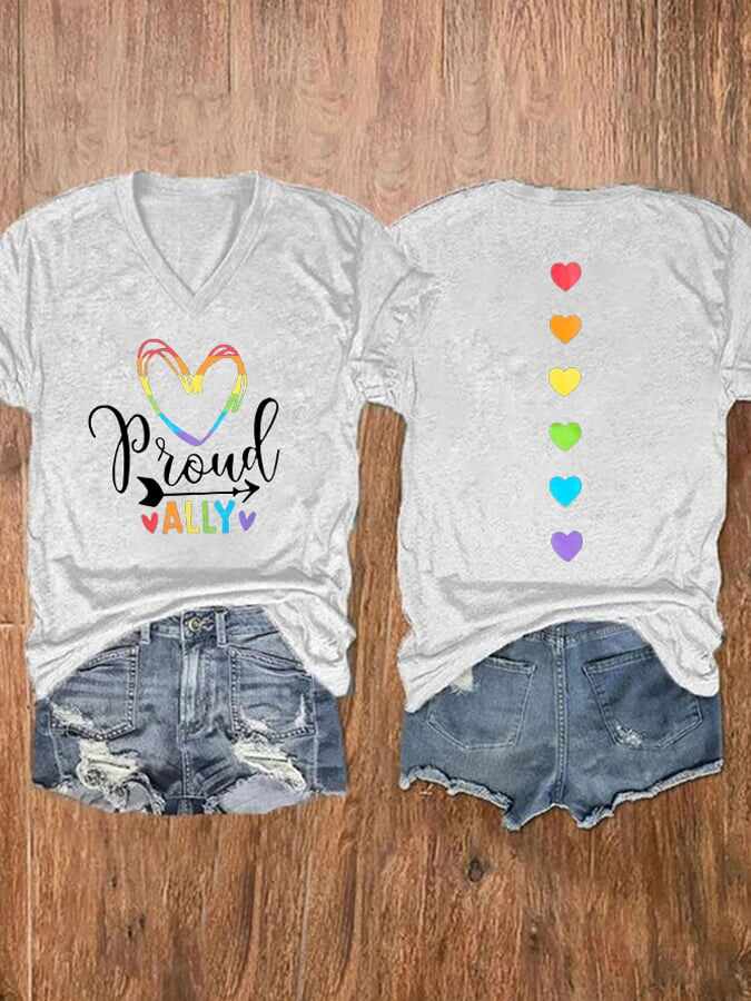 Women'S Proud Ally Rainbow Love Heart Print T-shirt