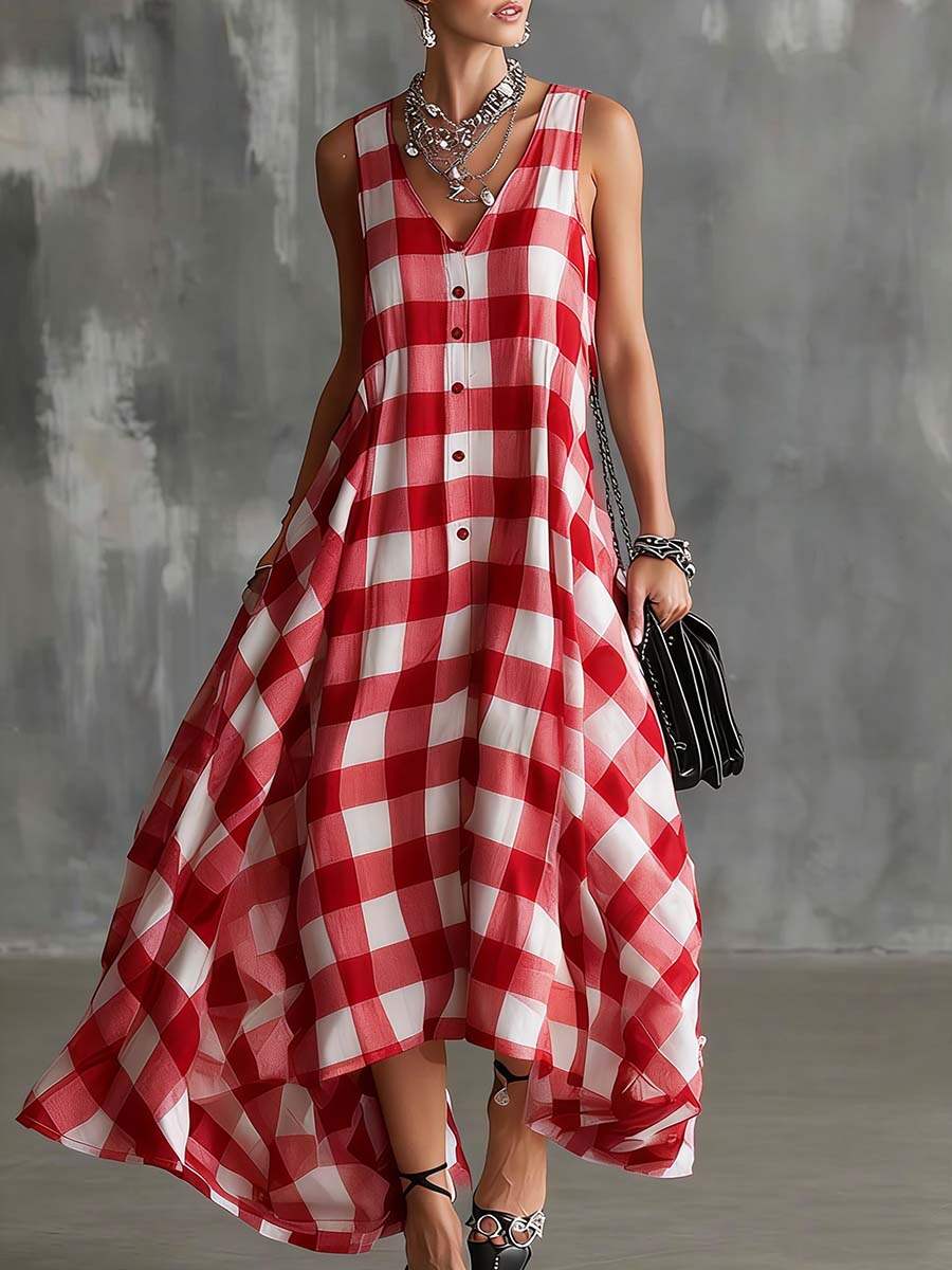 🔥Summer Arrivals🌟Women's V-neck Sleeveless Plaid Print Casual Loose Cotton Linen Dress