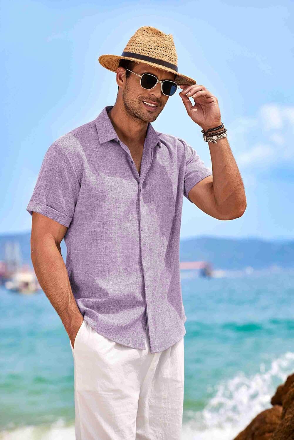 Men's Linen Shirts Short Sleeve Casual Shirts Button Down Shirt for Men Beach Summer Wedding Shirt