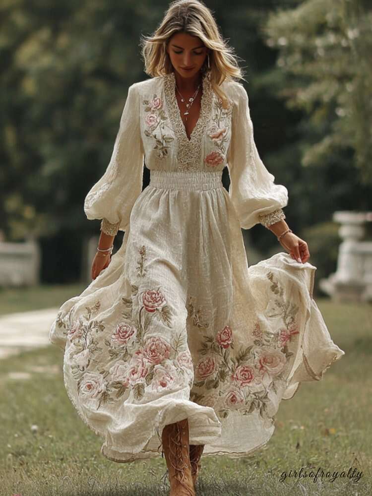 Women's Retro Bohemian Art Floral V-neck Long-sleeved Dress.